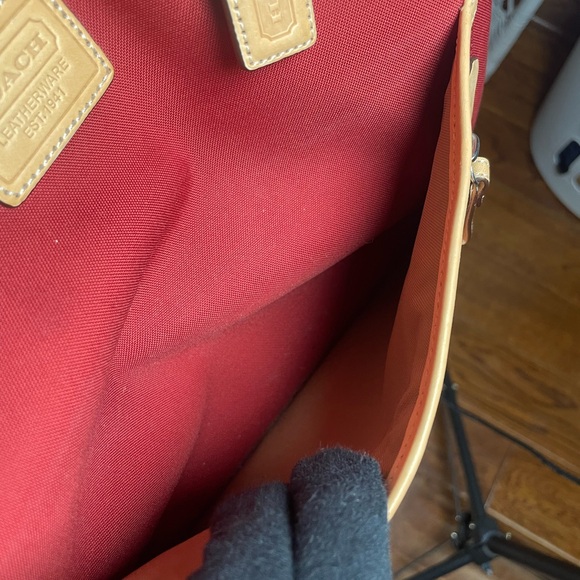 Coach Hamptons Red Canvas Vacchetta Tan Leather Trim/ Tote or Baby Tote - Picture 7 of 17